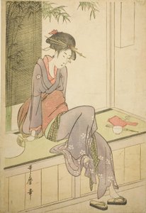 Kvinne sitter på verandaen av Kitagawa Utamaro