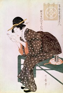 Kvinne leser. Laget med en crepe av Echigoya. Summer Ensemble Series: Beautes of our time.”” Japansk trykk av Utamaro Kitagawa (1753-1806). 1804-1806. Dim. 0,37x0,25 m. Paris, Guimet Museum, Asian Arts Museum av Kitagawa Utamaro
