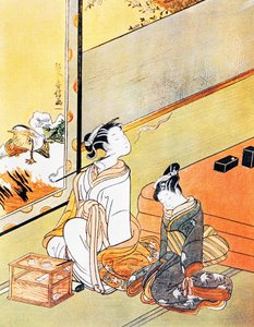 Kvinne som røyker pipe, ukiyo-e kunsttrykk, Tosa-skole, tresnitt, japansk sivilisasjon, Edo-perioden av Kitagawa Utamaro