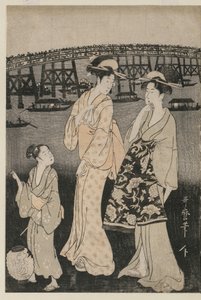 Kvinner nyter den kjølige kvelden nær Ryogoku-broen av Kitagawa Utamaro