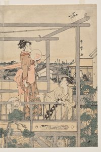 Kvinner henger klesvask til tørk på en balkong av Kitagawa Utamaro