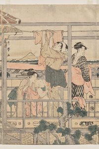 Kvinner henger klesvask til tørk på en balkong av Kitagawa Utamaro