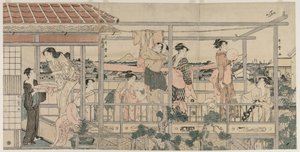 Kvinner henger klesvask til tørk på en balkong, tidlig på 1790-tallet. av Kitagawa Utamaro