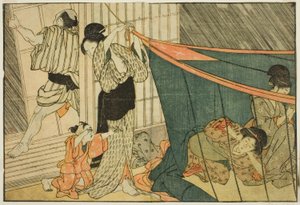 Kvinner inne i et myggnett under et tordenvær, fra den illustrerte boken "Picture Book: Flowers of the Four Seasons (Ehon shiki no hana)," vol. 1 av Kitagawa Utamaro