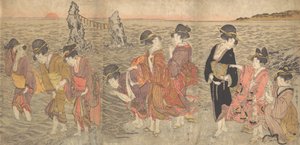 Kvinner som tilber den stigende solen mellom tvillingsteinene ved Ise, sent på 1700-tallet - begynnelsen av 1800-tallet. av Kitagawa Utamaro