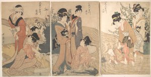 Kvinner og barn på bredden av en bekk av Kitagawa Utamaro