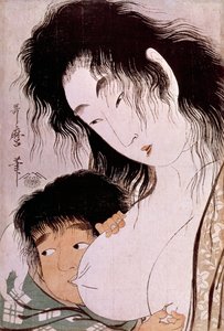 Yamauba og Kintaro: det tetee japanske trykket av Utamaro Kitagawa (1753-1806). Sol. 0,37x0,25 m. 1801-1803. Paris, Guimet-museet, Nasjonalmuseet for asiatisk kunst av Kitagawa Utamaro
