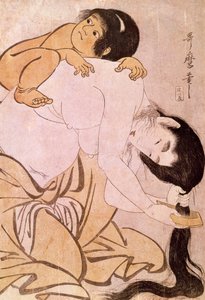 Yamauba og Kintoki Moren grer håret mens hun bærer barnet sitt på ryggen. Japansk trykk av Utamaro Kitagawa (1753-1806). 18. århundre. Paris, Guimet Museum, Asian Arts Museum