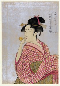 Young Woman Blowing a Glass Pipe (poppin), fra serien Ten Types in the Physiognomic Study of Women par Utamaro, Kitagawa (1753-1806), ca 1792 - Fargetresnitt, 38,9x27,5 - Privat samling av Kitagawa Utamaro