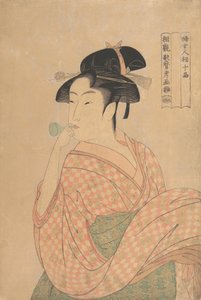 Ung kvinne blåser en Popen glass noisemaker..., ca. 1792-93. av Kitagawa Utamaro