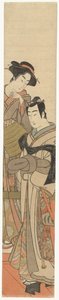 En kvinne med en ung mann forkledd Jonge mann met rieten hoed en dame av Kitao Masanobu (attributed to)