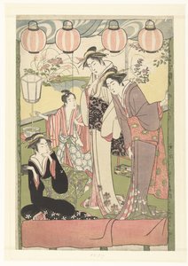 Tre kvinner og en gutt under lykter av Kitao Masanobu (attributed to)