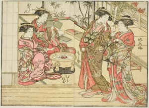 Courtesans of Otawaraya, from the book "Mirror of Beautiful Women of the Pleasure Quarters (Seiro bijin awase sugata kagami)," vol. 2   1292929   no       norwegian Successfully Translated  Original: Landscape in the Style of Ancient Masters: after Wang Me av Kitao Shigemasa