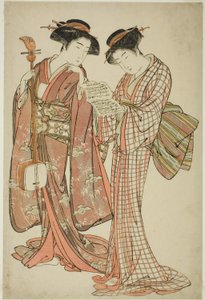 To geisha som holder en Shamisen og en sangbok av Kitao Shigemasa