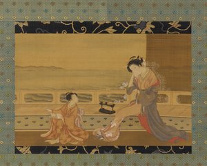 To jenter på en balkong med utsikt over havet, Edo-perioden, 1739-1820.