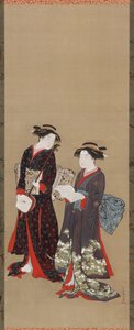 To jenter stående, den ene holder en åpen bok, 1615-1868. av Kitao Shigemasa