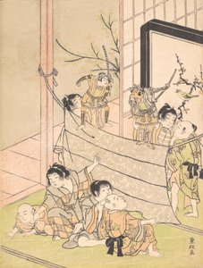 Unge gutter fremfører et dukketeater, ca. 1770.