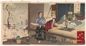 Chushingura, Yuranosuke i pensjonisttilværelse (treblokktrykk, blekk og farge på papir) av Kiyochika Kobayashi