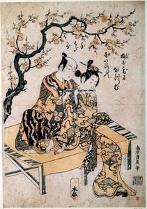Japansk kunst: en musiker gir en fløytelecon til en ung kvinne. Trykk av Kiyohiro Torii (1737-1766) Paris fra 1700-tallet, B.N. av Kiyohiro Torii