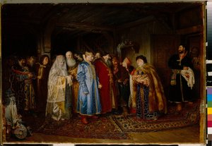 Boyar-bryllup (boyar, boyar) på 1500-tallet, bruden har på seg en kokochnik (Bojarens bryllup) - Olje på lerret av Klavdi Vasilyevich Lebedev (1852-1916)