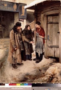 Besøk av foreldre til sønnen. (Foreldre besøker sønnen). Familiegjenforening i en grusgate, foran et skomakerskilt. Sønnen har på seg et håndverkerforkle. Maleri av Klavdi Vasilyevich Lebedev (1852-1916), olje på lerret av Klavdiy Vasilievich Lebedev