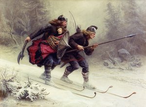 Soldiers for the Norwegian King Sverre, Torstein Skevla and Skjervald Skrukka carrying the king