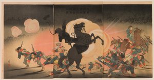 Bombarderer fiendens leir mens vår andre hær lander ved Jinzhou festning av Kobayashi Kiyochika