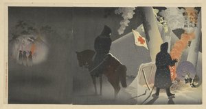 De kou trotserend, zetten vår troepen bivak op te Yingkou. Eiko no genkan o okashite waga gun roei o haru no zu (tittel på objekt) av Kobayashi Kiyochika