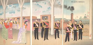 Illustrasjon av keiserens ankomst til Shinbashi stasjon etter en seier..., 1895.