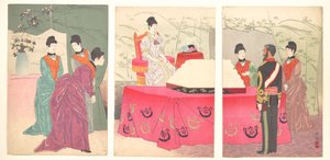 Illustrasjon av keiserinnens besøk ved generalstabens hovedkvarter [for å overrekke et brett med bandasjer] (Sanbō honbu gyōkei no zu) av Kobayashi Kiyochika