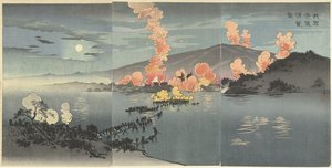 Nattangrep fra våre væpnede styrker på den kinesiske leiren ved Pyongyang. Wagagun Heijo no seiei o osou (tittel på objekt) av Kobayashi Kiyochika