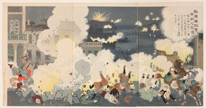 Panikk i bygatene under bombardementet av Port Arthur av Kobayashi Kiyochika