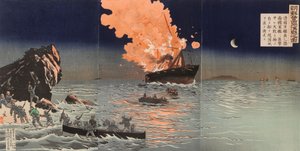 Redning fra et brennende krigsskip. En scene fra krigen mellom Kina og Japan av Kobayashi Kiyochika