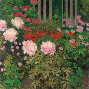 blomster og hage gjerde; Blomstrende blomster på hagegjerdet