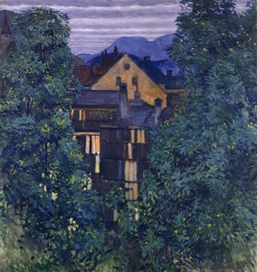 Oversikt over Payerbach, i bakgrunnen Rax; Utsikt gjennom Payerbach, i bakgrunnen Rax, ca. 1912-1913 av Koloman Moser