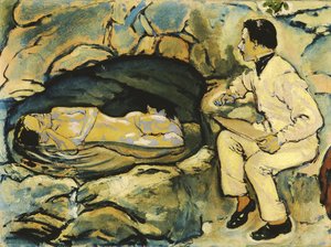 Selvportrett, tegning med havfrue i berggrotten, 1914. av Koloman Moser