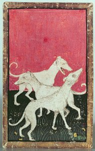Tre jakthunder, en av et sett med spillekort som viser scener med høvisk hauking, Upper Rhein Are, ca. 1440-45 (penn og blekk, wc) (se også 87698, 88300 og 88302-04) av Konrad Witz