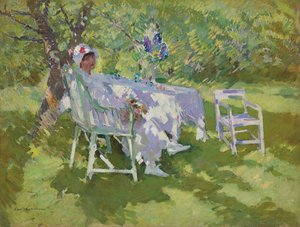 En dame i hvitt sitter i en hage av Konstantin Alekseevich Korovin