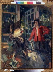 Ved vinduet. To unge kvinner, den ene veldig smilende, den andre snudde seg veldig elegant rundt, foran et stort karnappvindu. Maleri av Konstantin Alexeyevich Korovin (Constantin Korovin) (1861-1939), olje på lerret av Konstantin Alekseevich Korovin