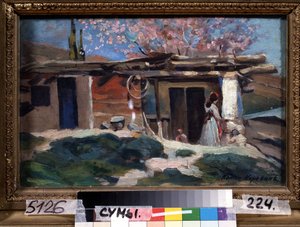 Krim, mandeltrær i blomst. (Krim, blomstrende mandeltrær). Ung kvinne foran et lite trehus, under rosa mandeltrær. Maleri av Konstantin Alexeyevich Korovin (Constantin Korovin) (1861-1939), olje på lerret av Konstantin Alekseevich Korovin