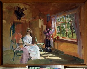 I rommet. Ung kvinne i lys kjole, sittende foran vinduet, som vi kan se hagen gjennom, høysommer. Maleri av Konstantin Alexeyevich Korovin (1861-1939), olje på lerret av Konstantin Alekseevich Korovin