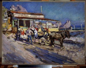 Gurzuf (Krim) (Gurzuf). Port landsbyen hekker i hulen av en bukt, oversett av fjellet av bjørnen. Maleri av Konstantin Alexeyevich Korovin (Constantin Korovin) (1861-1939), olje på lerret av Konstantin Alekseevich Korovin
