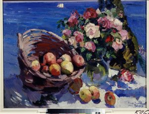 Gurzuf, Ukraina (Gurzuf). Stilleben av blomster og frukt nær sjøen. Maleri av Konstantin Alexeyevich Korovin (Constantin Korovin) (1861-1939), olje på lerret av Konstantin Alekseevich Korovin