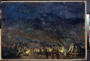The Polovtsian Camp, Scene Design for the Opera Prince Igor av Alexander Borodin - (The Polovtsian Camp - Scene Design for the Opera Prince Igor av Alexander Borodin) - Under en stjerneklar himmel rammer teltene i leiren inn lysene, i av Konstantin Alekseevich Korovin