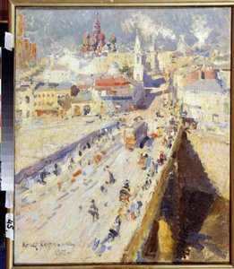 Gamle Moskva (Gamle Moskva). Utsikt over broen som fører til byen, med fasadene til bygningene og takene på kirkene, under en blendende sol. Maleri av Konstantin Alexeyevich Korovin (Constantin Korovin) (1861-1939), olje på lerret