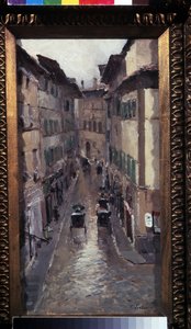 Regn i Firenze (Regn i Firenze). Beskrivelse av en gate i middelaldersentrum av byen Toscana (Italia). Maleri av Konstantin Alexeyevich Korovin (Constantin Korovin) (1861-1939), olje på lerret av Konstantin Alekseevich Korovin