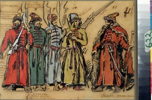 Kostymedesign for operaen Khovanshchina eller Khovansky-prinsene av Modeste Mussorgsky (1839-1881) (Kostumedesign for operaen Khovanshchina av M.Musorgsky). Verk av Konstantin Alexeyevich Korovin (Constantin Korovin) (1861-1939), akvarell, gå av Konstantin Alekseevich Korovin
