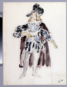 Kostymedesign for operaen ""Le guest de pierre"" av Alexandre Dargomyjski (1813-1869) (Kostumedesign for operaen Steingjesten av A. Dargomyzhsky). Verk av Konstantin Alexeyevich Korovin (Constantin Korovin) (1861-1939), akvarell på papir av Konstantin Alekseevich Korovin