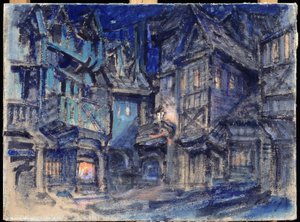 Scenedesign for balletten Esmeralda av Anton Simon (1851-1916) (Scenedesign for balletten Esmaralda av A.Simon). Verk av Konstantin Alexeyevich Korovin (Constantin Korovin) (1861-1939), tempera på papp av Konstantin Alekseevich Korovin