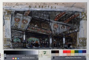 Scenedesign for balletten Le Poisson Dore av Ludwig (Leon) Minkus (1826-1917) (Scenedesign for balletten The Golden Fish av L.Minkus). Verk av Konstantin Alexeyevich Korovin (Constantin Korovin) (1861-1939), tempera, gull og sølvblekk på papp av Konstantin Alekseevich Korovin